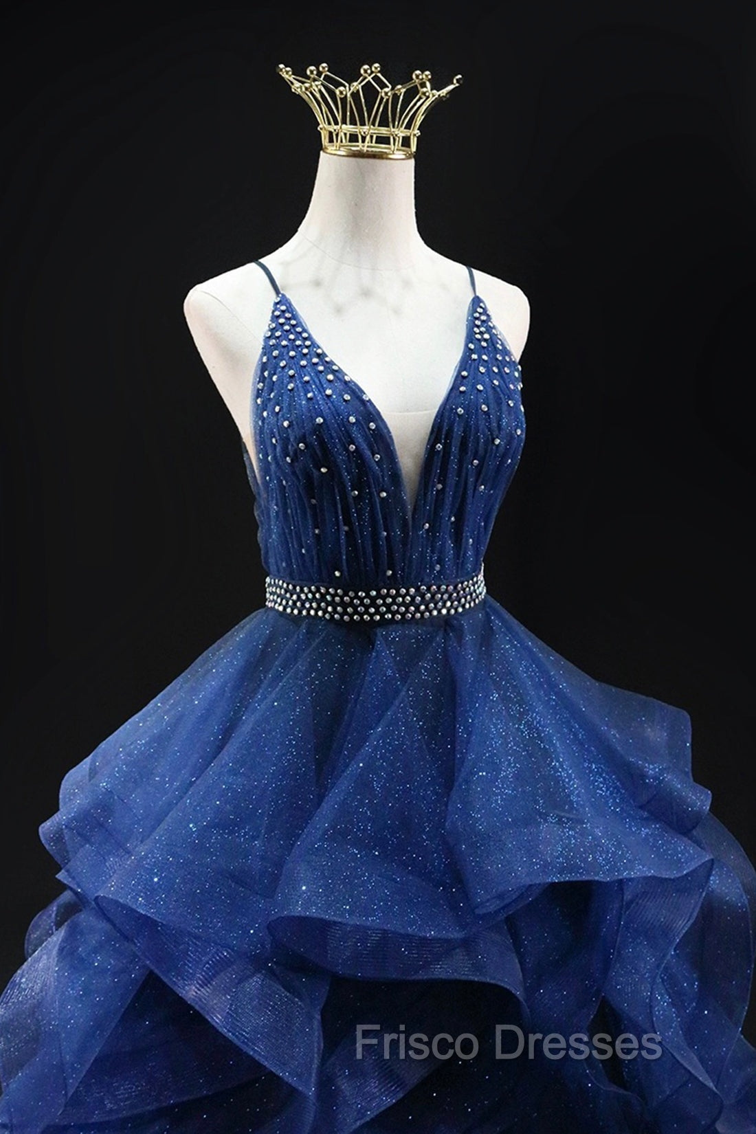 Blue Glitter Tulle Long A-Line Formal Prom Dress, V-Neck Spaghetti Strap Backless Evening Party Dress Secondary image
