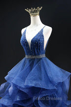 Blue Glitter Tulle Long A-Line Formal Prom Dress, V-Neck Spaghetti Strap Backless Evening Party Dress