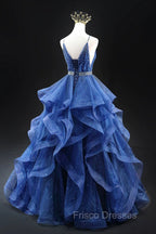 Blue Glitter Tulle Long A-Line Formal Prom Dress, V-Neck Spaghetti Strap Backless Evening Party Dress