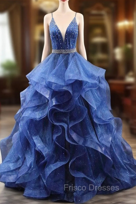 Blue Glitter Tulle Long A-Line Formal Prom Dress, V-Neck Spaghetti Strap Backless Evening Party Dress Main image