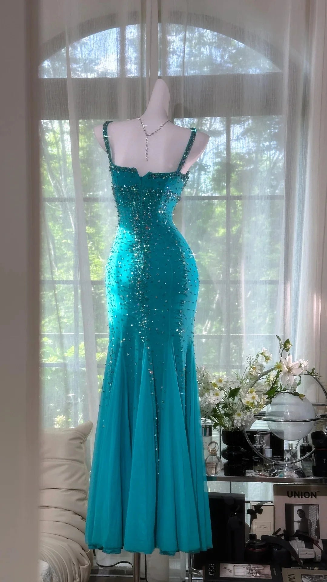 turquoise blue party dress Luxury Crystal Turquoise Blue Evening Dress with Cap Sleeves SF291