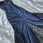 Blue Gorgeous Exquisite Applique Lace Spaghetti Straps Long Satin Prom Dress Evening Dress Party Dress