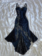 Blue Gorgeous Exquisite Applique Lace Spaghetti Straps Long Satin Prom Dress Evening Dress Party Dress
