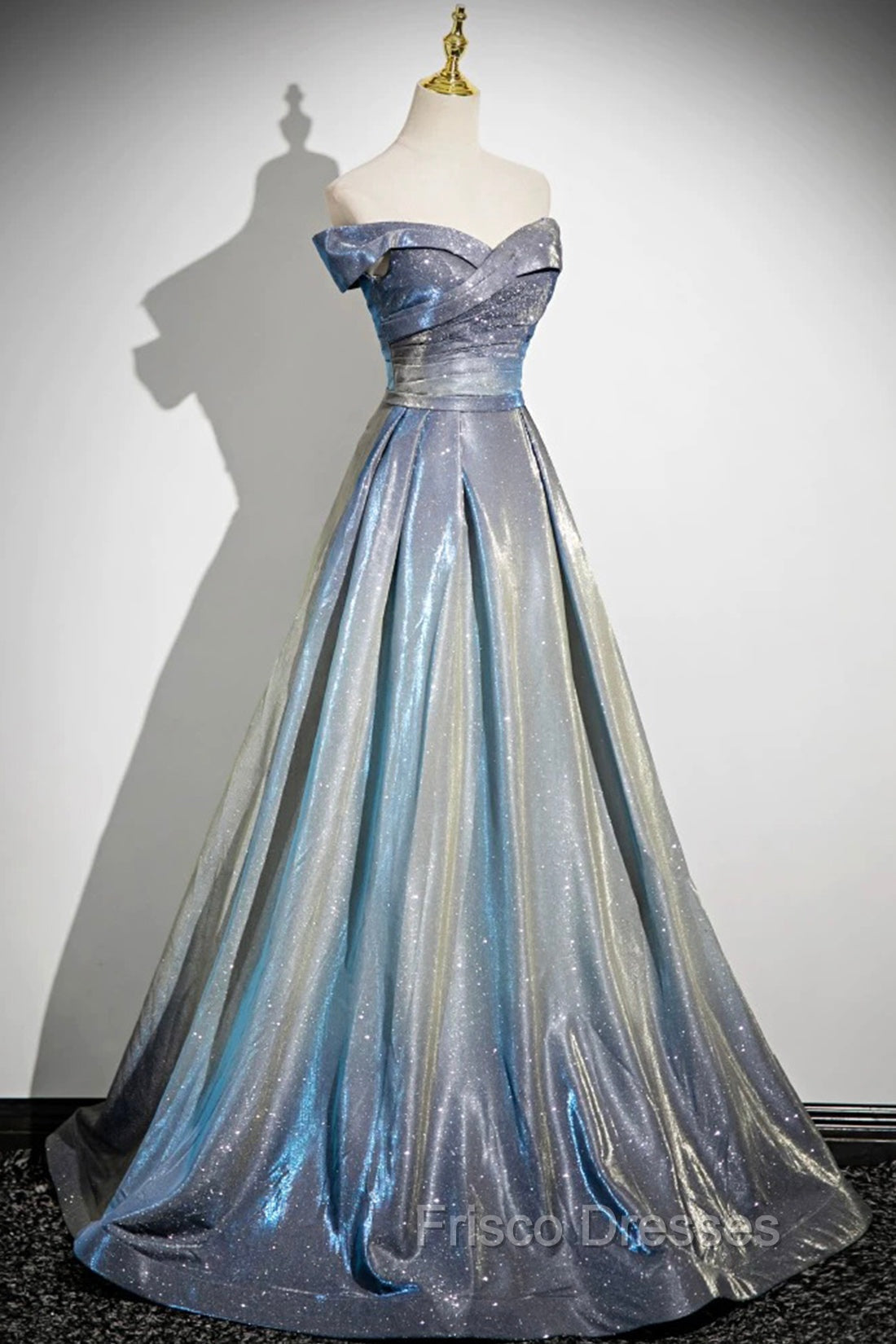 Blue Gradient A-Line Floor Length Formal Prom Dress, Blue Off The Shoulder Evening Party Dress