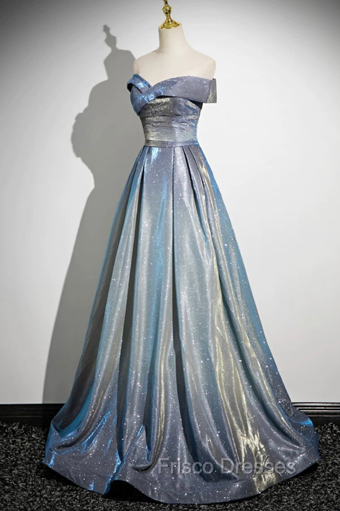 Blue Gradient A-Line Floor Length Formal Prom Dress, Blue Off The Shoulder Evening Party Dress