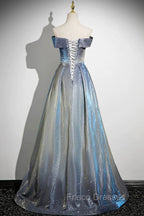 Blue Gradient A-Line Floor Length Formal Prom Dress, Blue Off The Shoulder Evening Party Dress