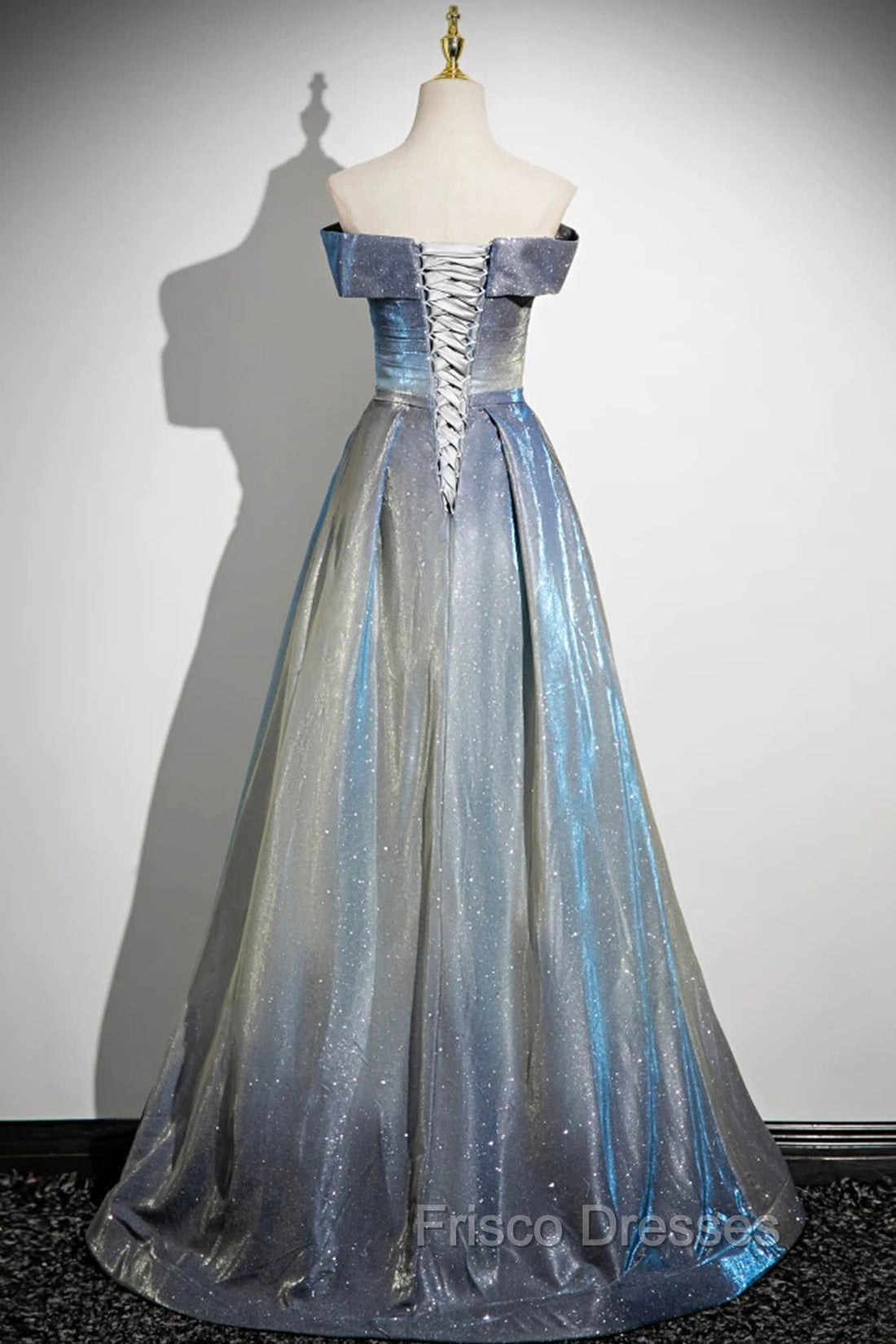 Blue Gradient A-Line Floor Length Formal Prom Dress, Blue Off The Shoulder Evening Party Dress