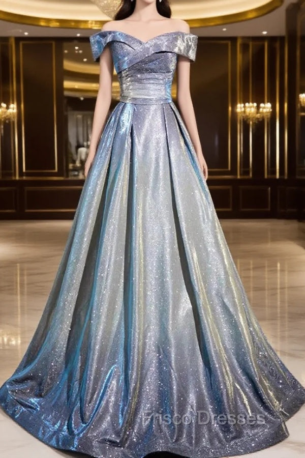 Blue Gradient A-Line Floor Length Formal Prom Dress, Blue Off The Shoulder Evening Party Dress Main image