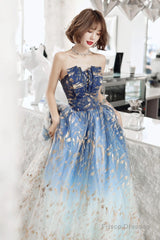 Blue Gradient Beaded A-line Floor Length Party Dress, Blue Tulle Prom Dress