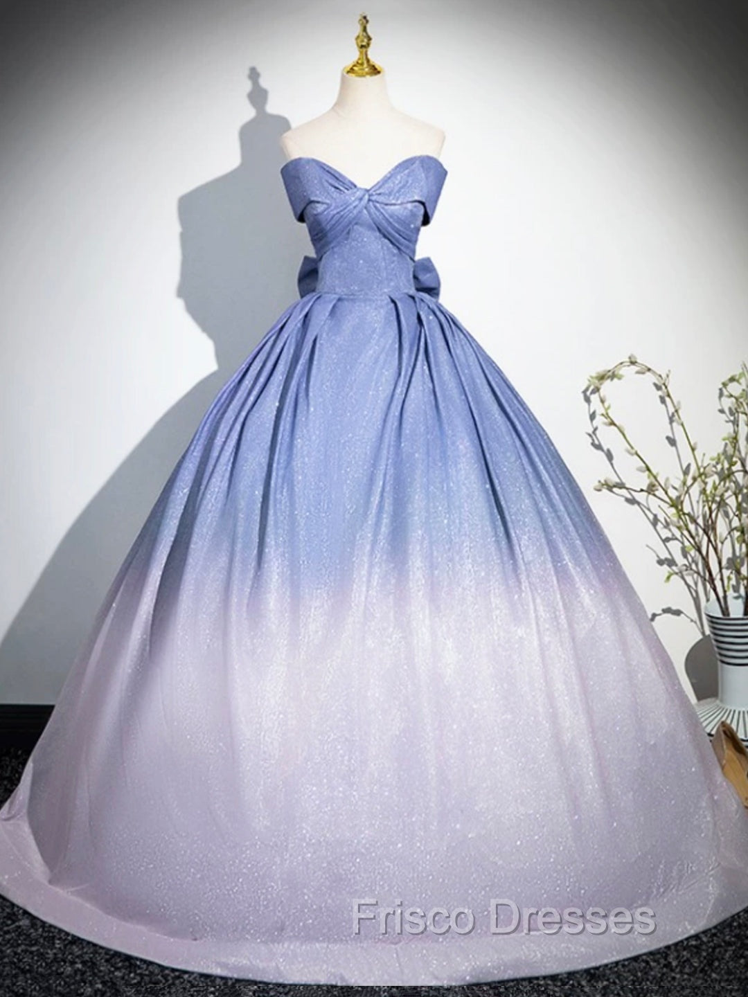 Blue Gradient-Color Glitter Sequins Formal Prom Dress, A-Line Off-The-Shoulder Blue Princess Formal Dress