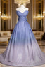 Blue Gradient-Color Glitter Sequins Formal Prom Dress, A-Line Off-The-Shoulder Blue Princess Formal Dress