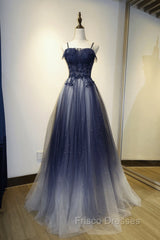 Blue Gradient Straps Tulle Long Party Dress with Lace Blue Junior Formal Prom Dress Formal Prom Dress shops