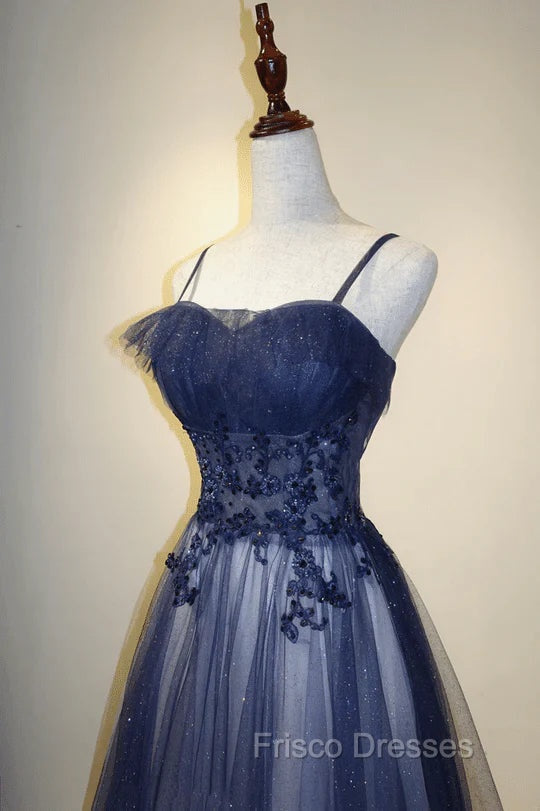 Blue Gradient Straps Tulle Long Party Dress with Lace Blue Junior Formal Prom Dress Formal Prom Dress shops