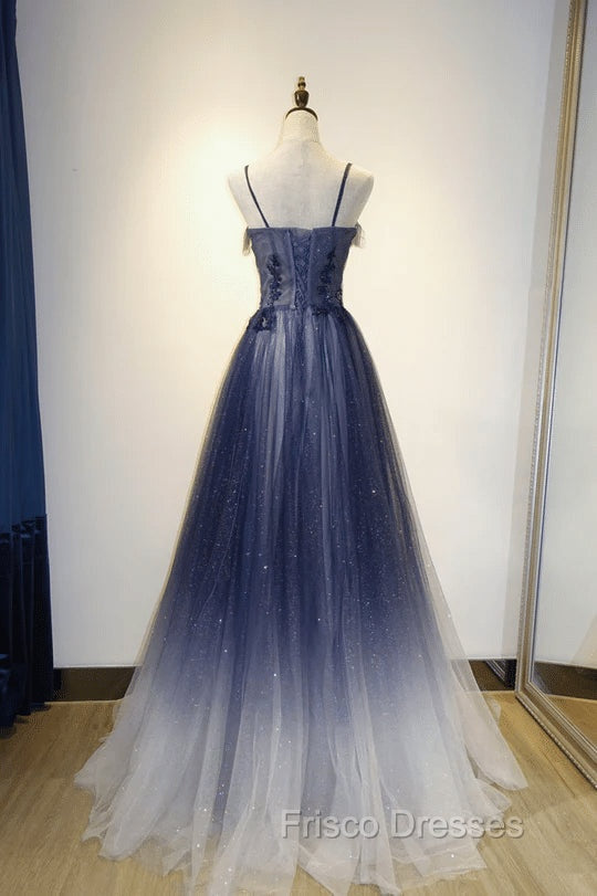 Blue Gradient Straps Tulle Long Party Dress with Lace Blue Junior Formal Prom Dress Formal Prom Dress shops
