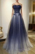 Blue Gradient Straps Tulle Long Party Dress with Lace Blue Junior Formal Prom Dress Formal Prom Dress shops