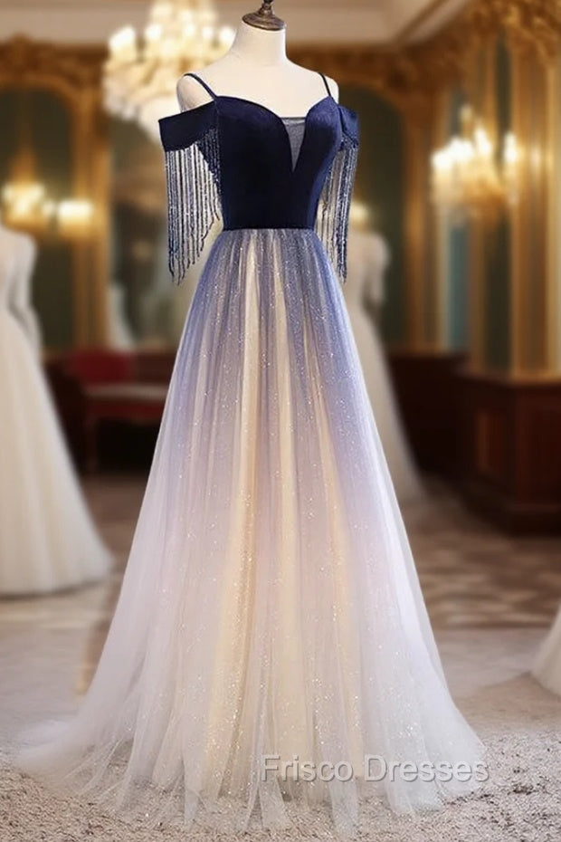 Blue Gradient Tulle Long Party Dress,A-line Off Shoulder Formal Dress Secondary image