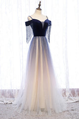 Blue Gradient Tulle Long Party Dresses,A-line Off Shoulder Formal Dresses