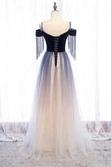 Blue Gradient Tulle Long Party Dresses,A-line Off Shoulder Formal Dresses