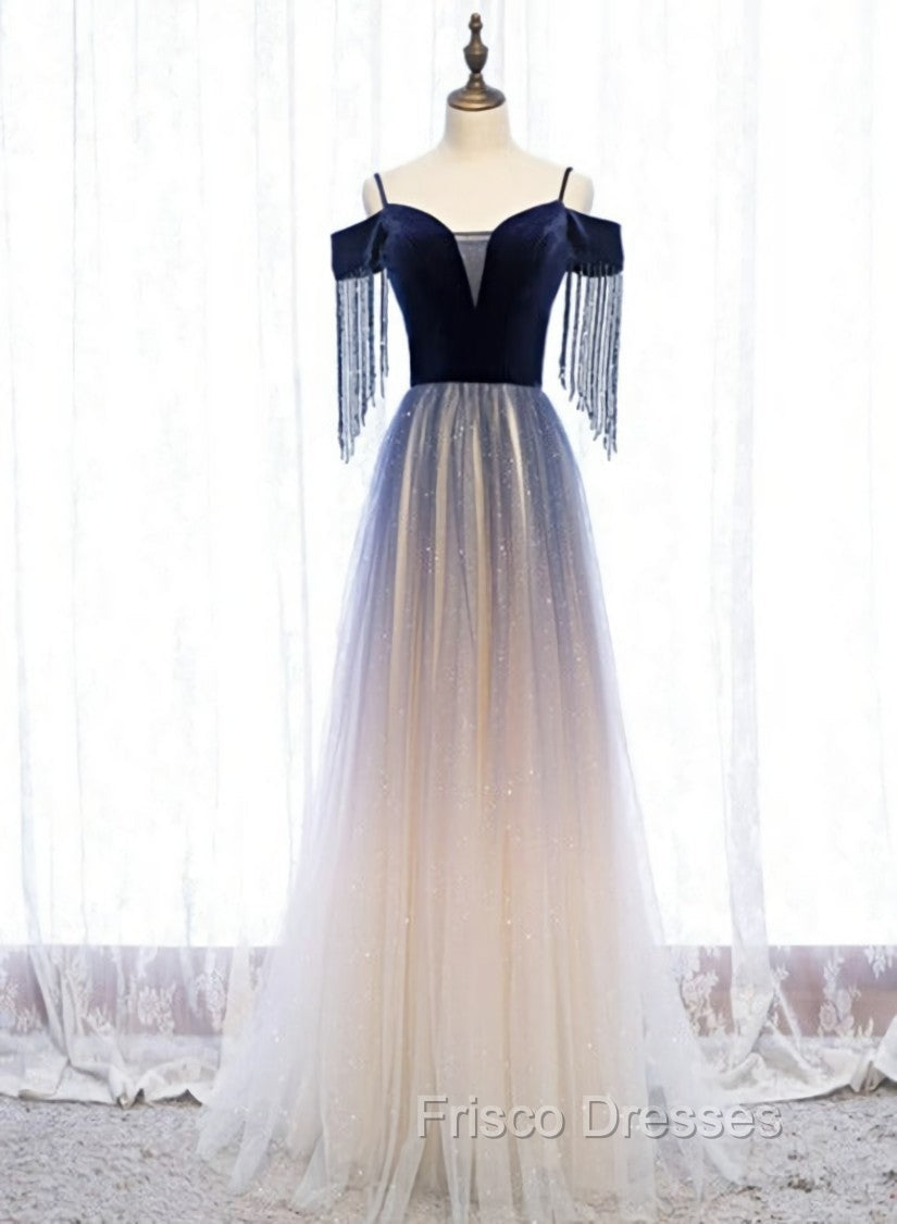Blue Gradient Tulle Long Party Dress,A-line Off Shoulder Formal Dress Main image