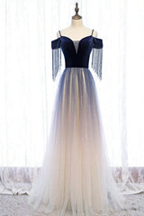 Blue Gradient Tulle Long Party Dresses,A-line Off Shoulder Formal Dresses