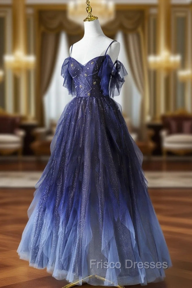 Blue Gradient Tulle Long Formal Prom Dress, Spaghetti Strap Evening Dress Main image