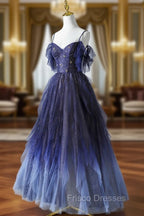 Blue Gradient Tulle Long Formal Prom Dress, Spaghetti Strap Evening Dress