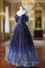 Blue Gradient Tulle Strapls Beading Formal Prom Dress