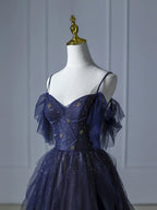 Blue Gradient Tulle Straps Beading Prom Dress