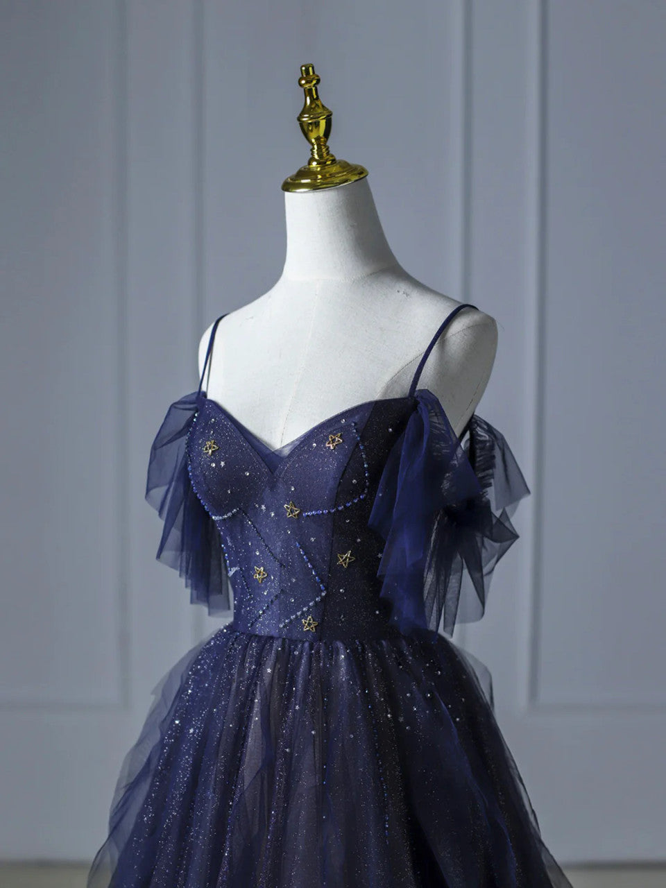Blue Gradient Tulle Straps Beading Prom Dress