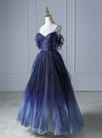 Blue Gradient Tulle Straps Beading Prom Dress