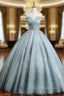 Blue Gray Ball Gown Tulle Sequins Beading Quinceanera Dress