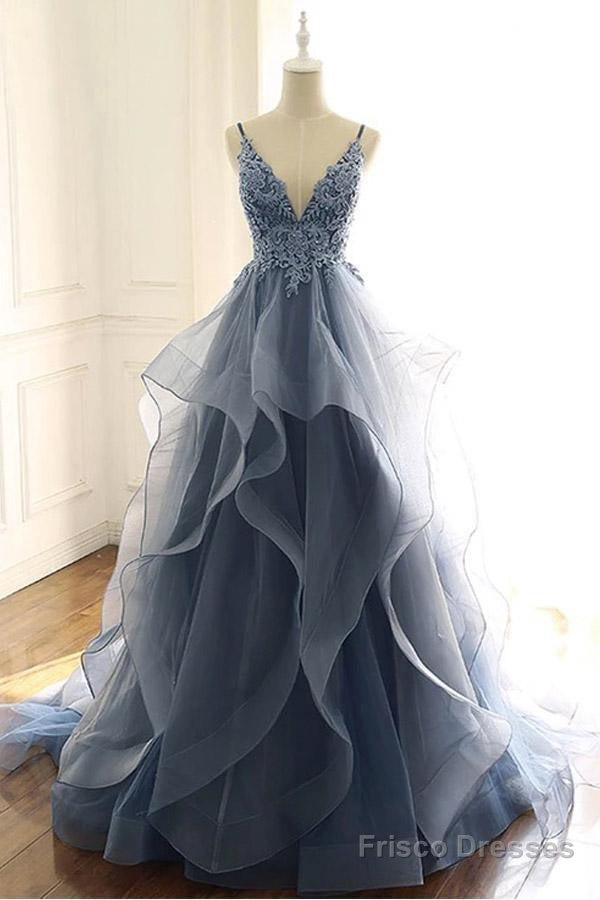 Blue Gray Lace V Neck Long Ruffles Prom Dress Organza Evening Dress Main image
