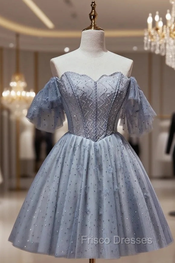 Blue Gray Tulle Beading Homecoming Dress Main image