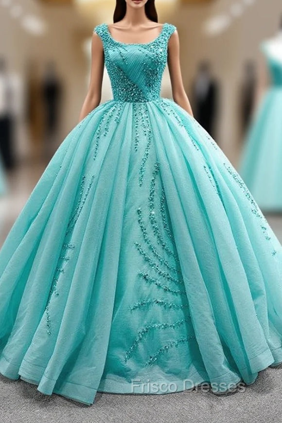 Blue Green Tulle Pleats Beading Pearls Formal Prom Dress