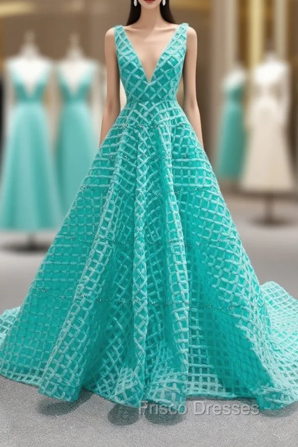 Blue Green V-neck Tulle Beading Formal Prom Dress Main image