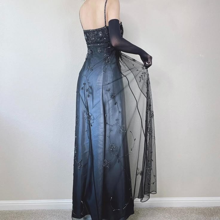 Blue/Grey Delicate Beaded Long Tulle Elegant Ball Gown Evening Dress Formal Birthday Party Dress Prom Dress