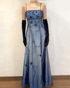 Blue/Grey Delicate Beaded Long Tulle Elegant Ball Gown Evening Dress Formal Birthday Party Dress Prom Dress