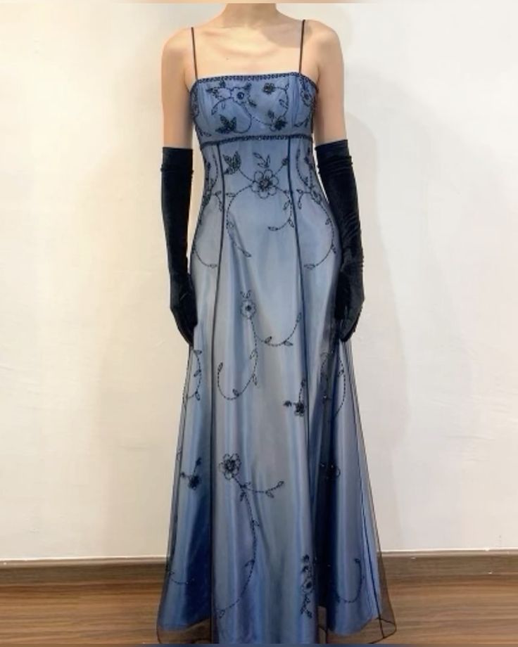 Blue/Grey Delicate Beaded Long Tulle Elegant Ball Gown Evening Dress Formal Birthday Party Dress Prom Dress