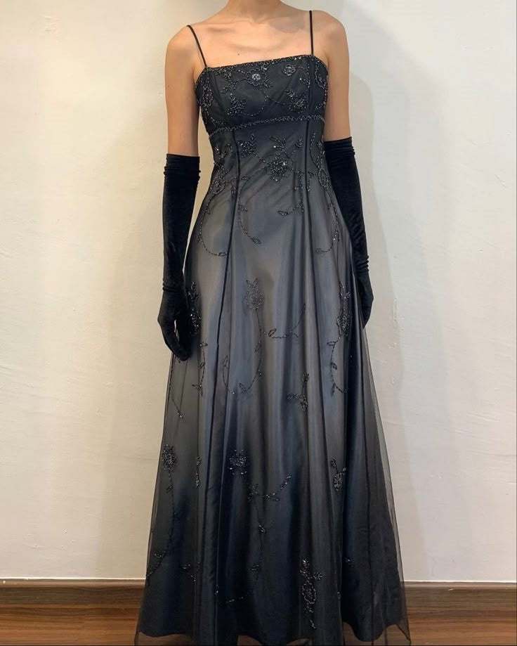 Blue/Grey Delicate Beaded Long Tulle Elegant Ball Gown Evening Dress Formal Birthday Party Dress Prom Dress