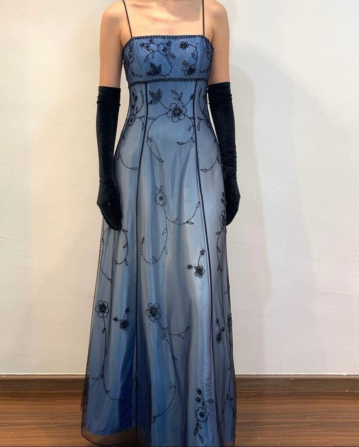 Blue/Grey Delicate Beaded Long Tulle Elegant Ball Gown Evening Dress Formal Birthday Party Dress Prom Dress Main image