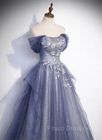 Blue-Grey Long A-line Off Shoulder Party Dress, New A-line Formal Prom Dress Evening Dress