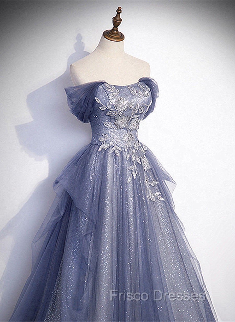 Blue-Grey Long A-line Off Shoulder Party Dress, New A-line Formal Prom Dress Evening Dress