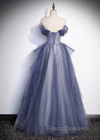 Blue-Grey Long A-line Off Shoulder Party Dress, New A-line Formal Prom Dress Evening Dress