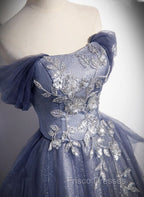 Blue-Grey Long A-line Off Shoulder Party Dress, New A-line Formal Prom Dress Evening Dress