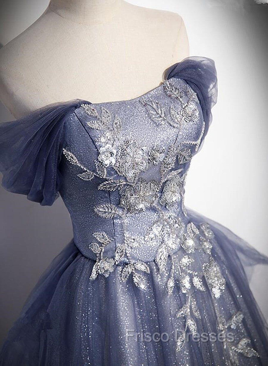 Blue-Grey Long A-line Off Shoulder Party Dress, New A-line Formal Prom Dress Evening Dress