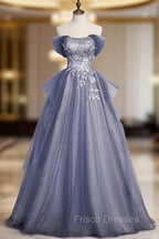 Blue-Grey Long A-line Off Shoulder Party Dress, New A-line Formal Prom Dress Evening Dress