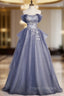 Blue-Grey Long A-line Off Shoulder Party Dress, New A-line Formal Prom Dress Evening Dress