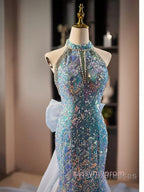 Blue Halter Beading Sequin Mermaid Formal Prom Dress With Detachable Bow