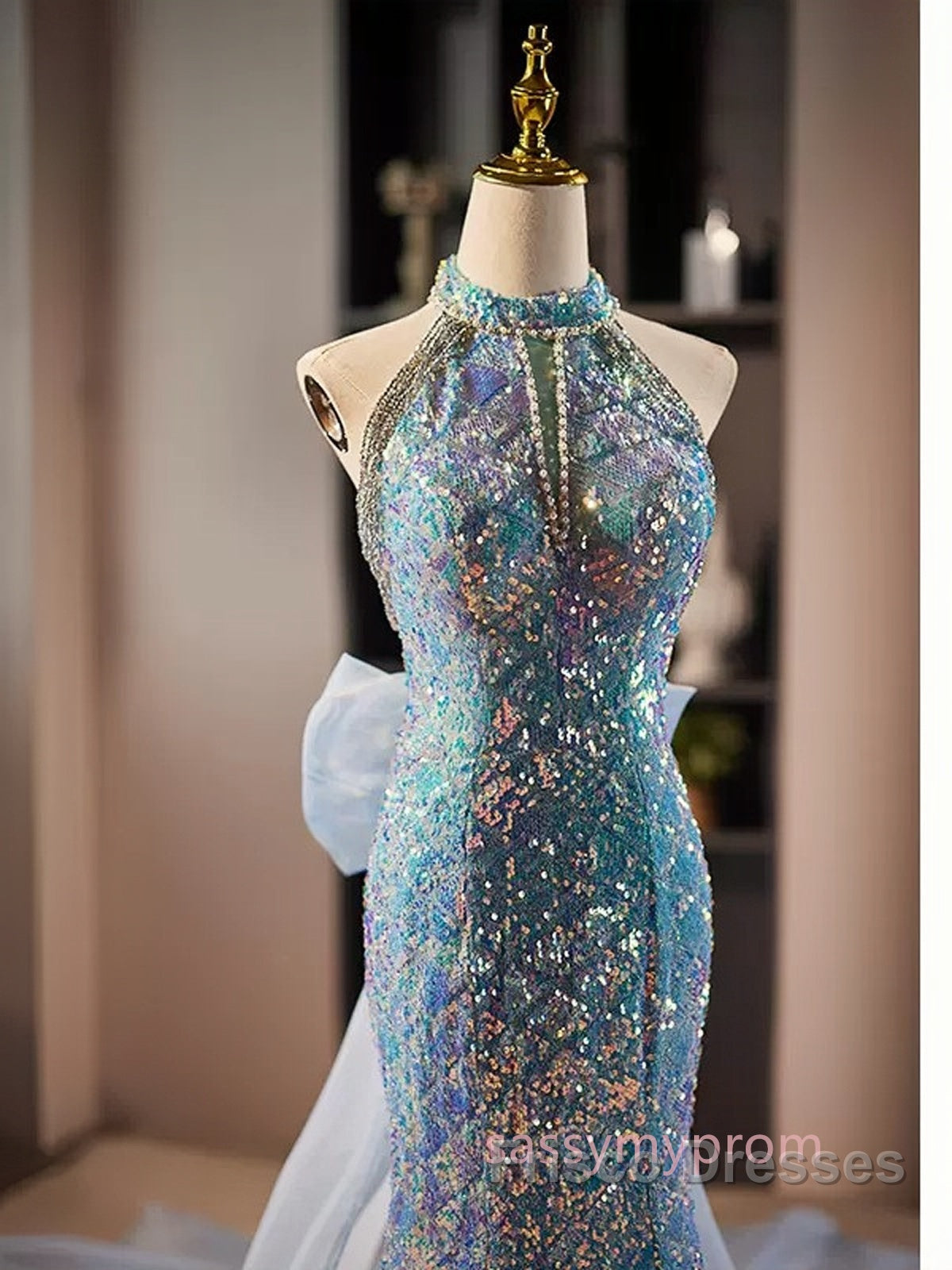 Blue Halter Beading Sequin Mermaid Formal Prom Dress With Detachable Bow