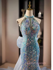 Blue Halter Beading Sequin Mermaid Prom Dress With Detachable Bow